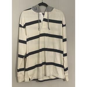 Rugby Striped Pullover Contrasting Hoodie Cream Blue Grey Size Large Preppy